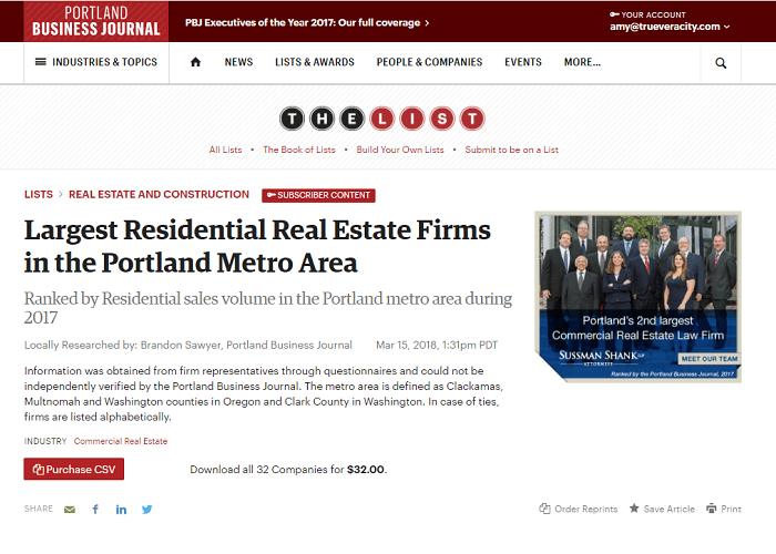 Portland Business Journal: Largest Residential Real Estate Firms in the Portland Metro Area