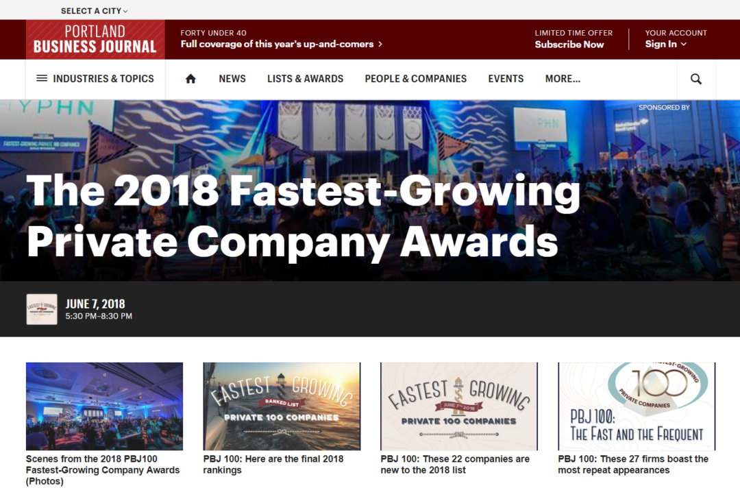 Portland Business Journal: The 2018 Fastest-Growing Private Company Awards