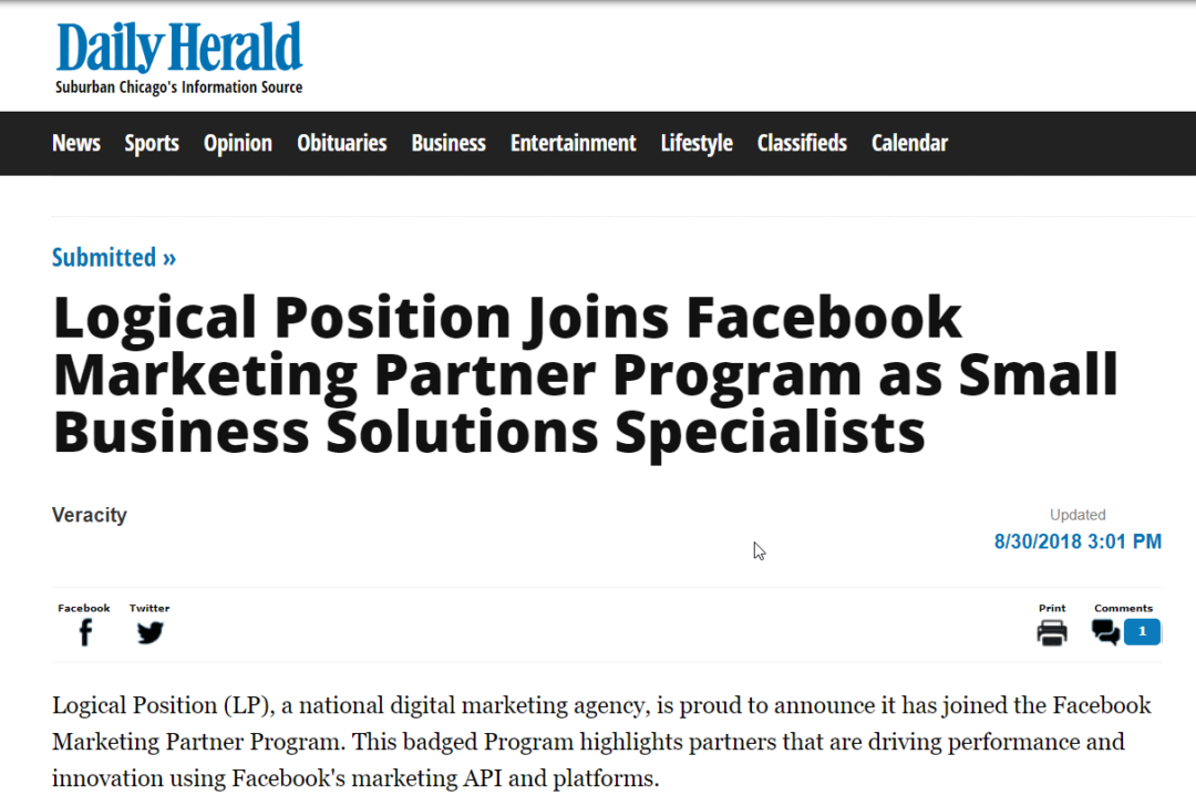 Daily Herald: Logical Position Joins Facebook Marketing Partner Program as Small Business Solutions Specialists