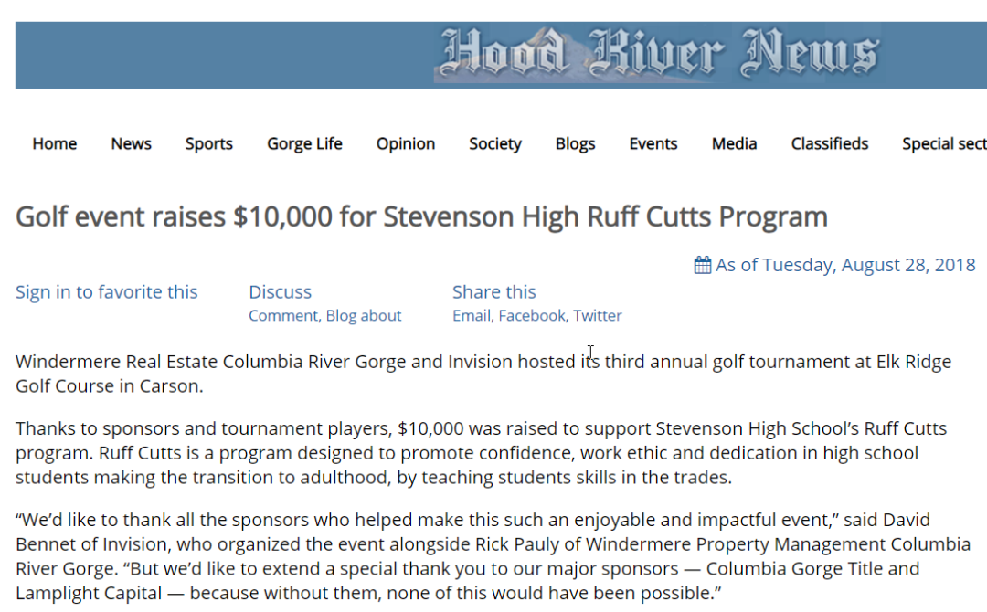 Hood River News: Golf event raises $10,000 for Stevenson High Ruff Cutts Program