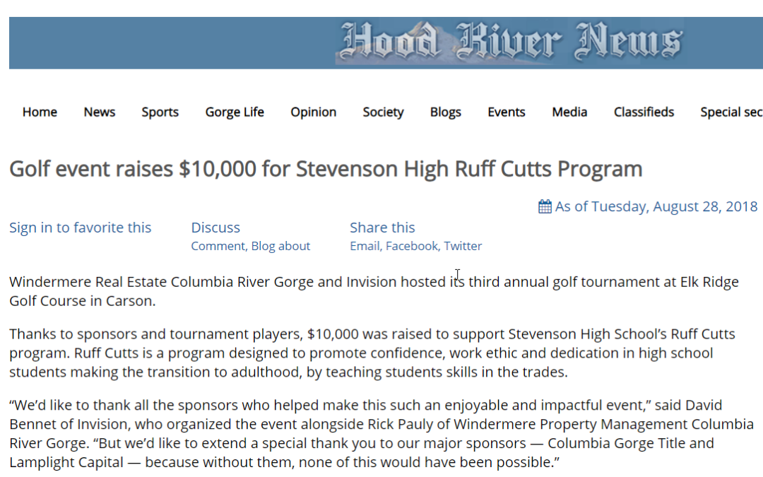 Hood River News: Golf event raises $10,000 for Stevenson High Ruff Cutts Program