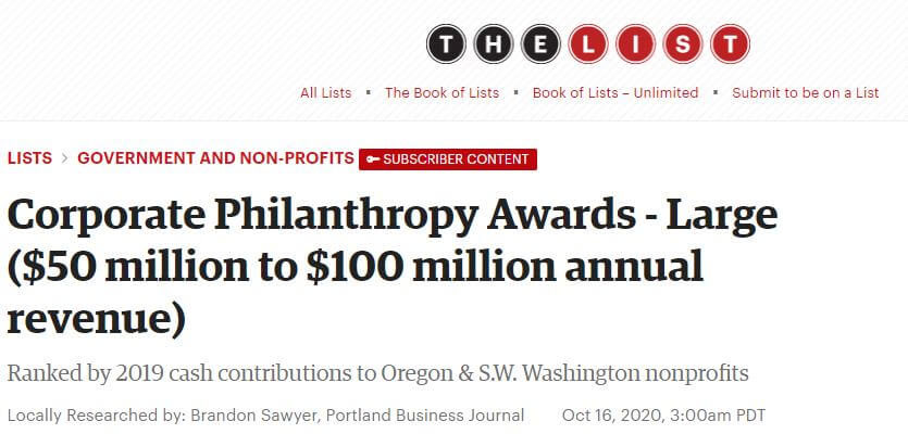 Portland Business Journal: Corporate Philanthropy Awards – Large ($50 million to $100 million annual revenue)