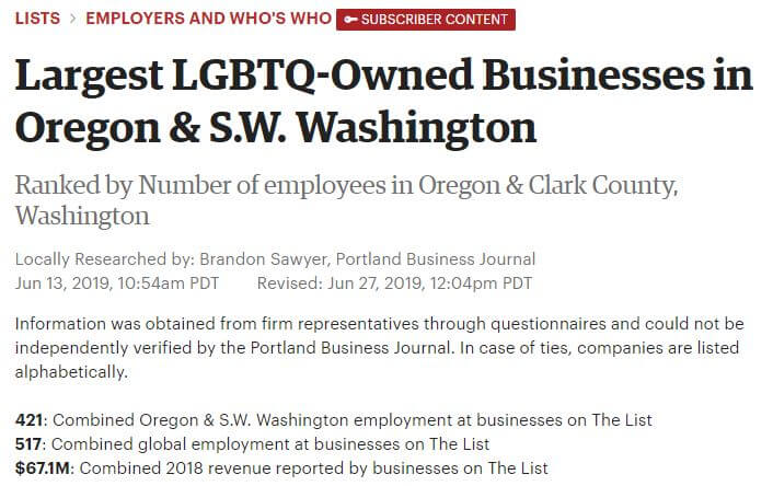 Portland Business Journal: Largest LGBTQ-Owned Businesses in Oregon & S.W. Washington