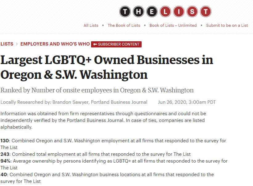 Portland Business Journal: Largest LGBTQ+ Owned Businesses in Oregon & S.W. Washington