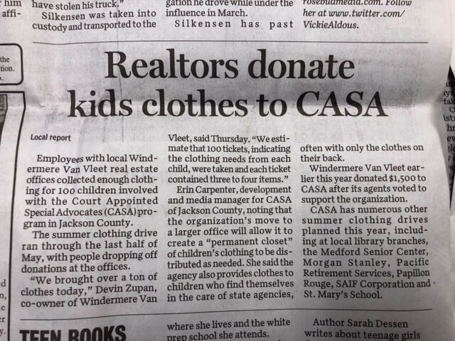 Medford Mail Tribune: Realtors donate kids clothes to CASA