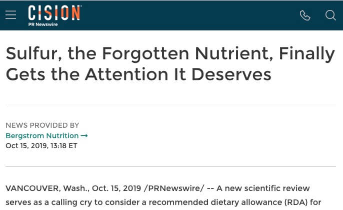 Cision PR Newswire: Sulfur, the Forgotten Nutrient, Finally Gets the Attention It Deserves