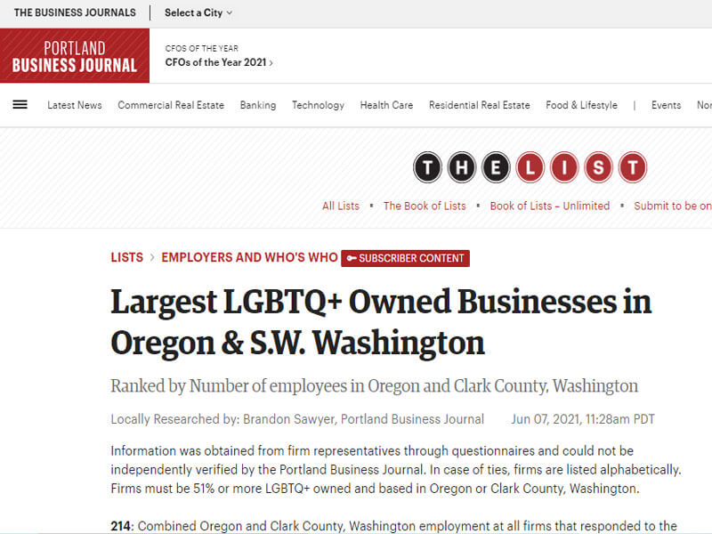 Portland Business Journal: Largest LGBTQ+ Owned Businesses in Oregon & S.W. Washington