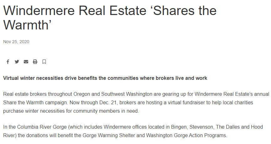 Columbia Gorge News: Windermere Real Estate ‘Shares the Warmth’