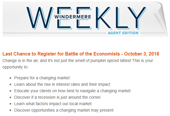 Windermere Weekly: Last Chance to Register for Battle of the Economists