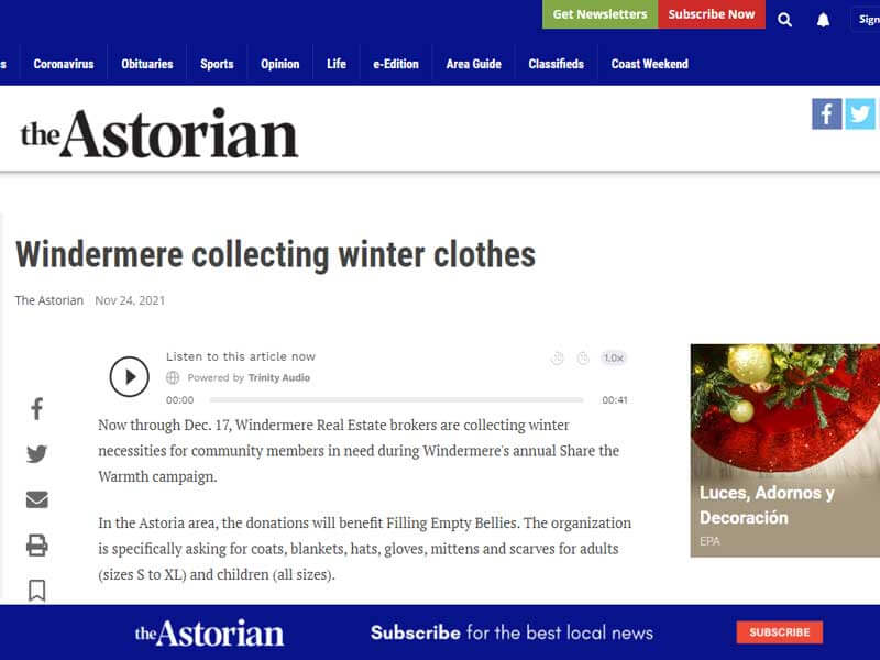 The Astorian: Windermere collecting winter clothes