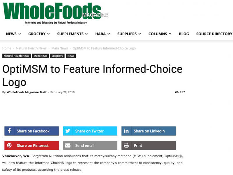 Whole Foods Magazine: OptiMSM to Feature Informed-Choice Logo