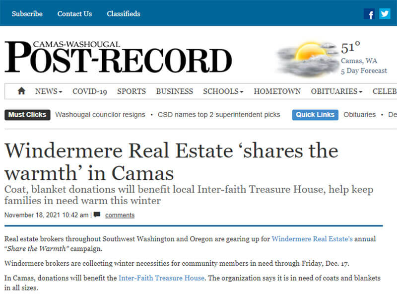 Camas-Washougal Post-Record: Windermere Real Estate ‘shares the warmth’ in Camas