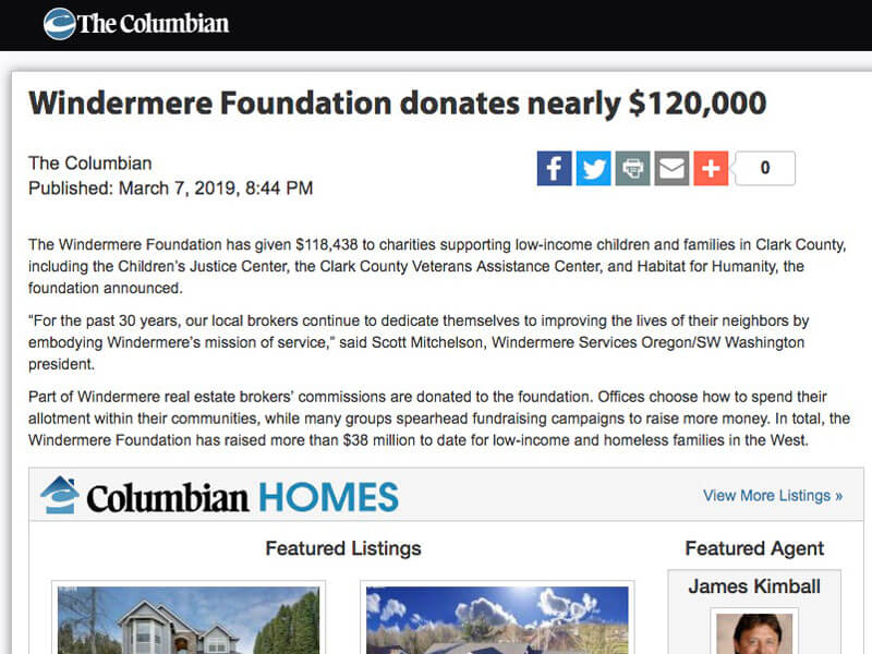 The Columbian: Windermere Foundation donates nearly $120,000