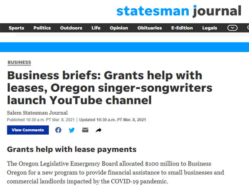 Statesman Journal: Business briefs: Grants help with leases, Oregon singer-songwriters launch YouTube channel