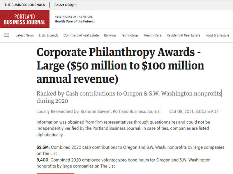 Portland Business Journal: Corporate Philanthropy Awards – Large ($50 million to $100 million annual revenue)