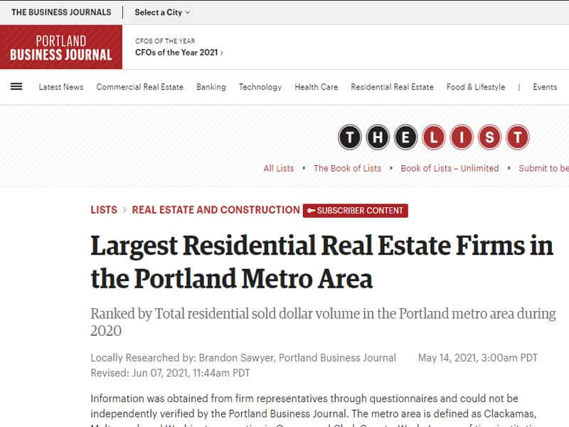 Portland Business Journal: Largest Residential Real Estate Firms in the Portland Metro Area