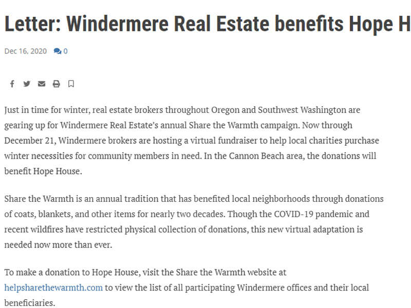 Cannon Beach Gazette: Letter: Windermere Real Estate benefits Hope House