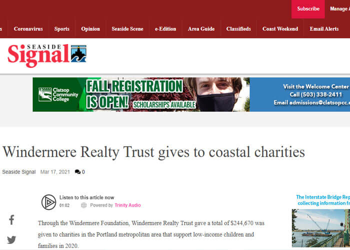 Seaside Signal: Windermere Realty Trust gives to coastal charities