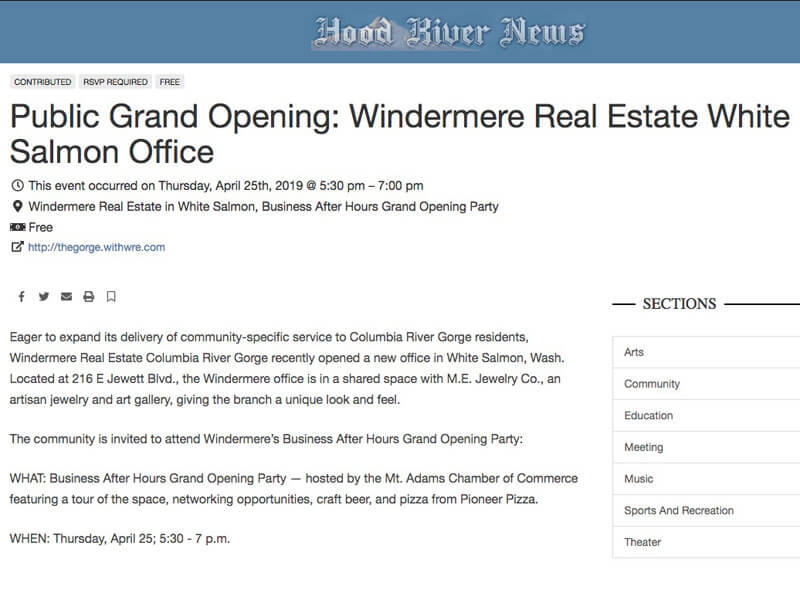 Hood River News: Public Grand Opening: Windermere Real Estate White Salmon Office