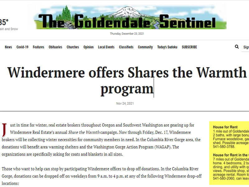 The Goldendale Sentinel: Windermere offers Shares the Warmth program