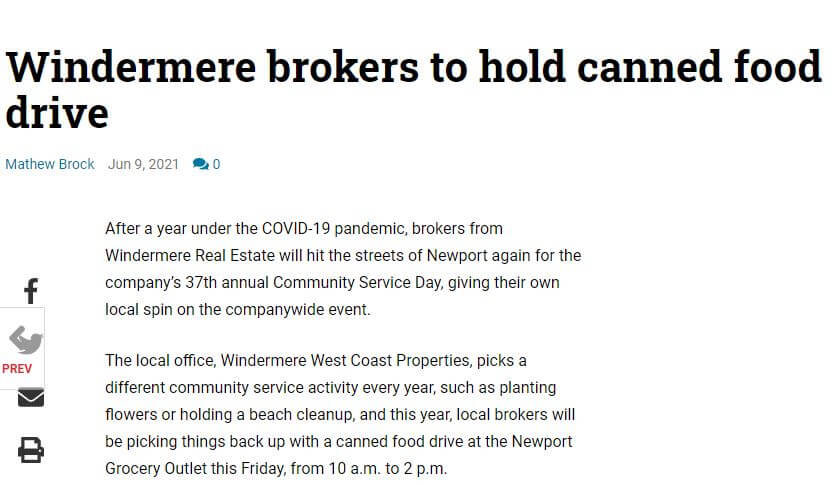 Newport News Times: Windermere brokers to hold canned food drive