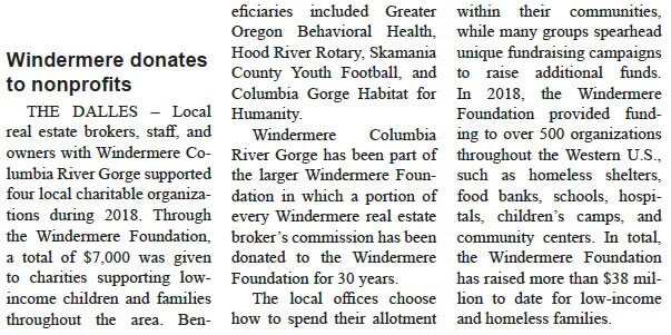 Skamania County Pioneer: Windermere Donates to nonprofits