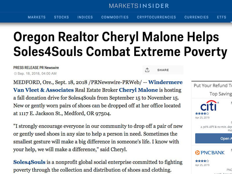 Markets Insider: Oregon Realtor Cheryl Malone Helps Soles4Souls Combat Extreme Poverty